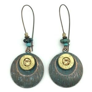 Artisan Boho Earrings Patina Copper Gold Tones Rustic Beaded Hooks